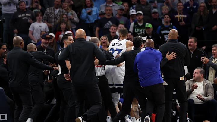 Mar 30, 2025; Minneapolis, Minnesota, USA; Minnesota Timberwolves and Detroit Pistons players get into a fight during the second quarter at Target Center. Mandatory Credit: Matt Krohn-Imagn Images Mar 30, 2025; Minneapolis, Minnesota, USA; Minnesota Timberwolves and Detroit Pistons players get into a fight during the second quarter at Target Center. Mandatory Credit: Matt Krohn-Imagn Images