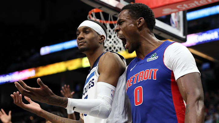 Mar 30, 2025; Minneapolis, Minnesota, USA; Detroit Pistons center Jalen Duren (0) celebrates his dunk against the Minnesota Timberwolves during the second quarter at Target Center. Mandatory Credit: Matt Krohn-Imagn Images Mar 30, 2025; Minneapolis, Minnesota, USA; Detroit Pistons center Jalen Duren (0) celebrates his dunk against the Minnesota Timberwolves during the second quarter at Target Center. Mandatory Credit: Matt Krohn-Imagn Images