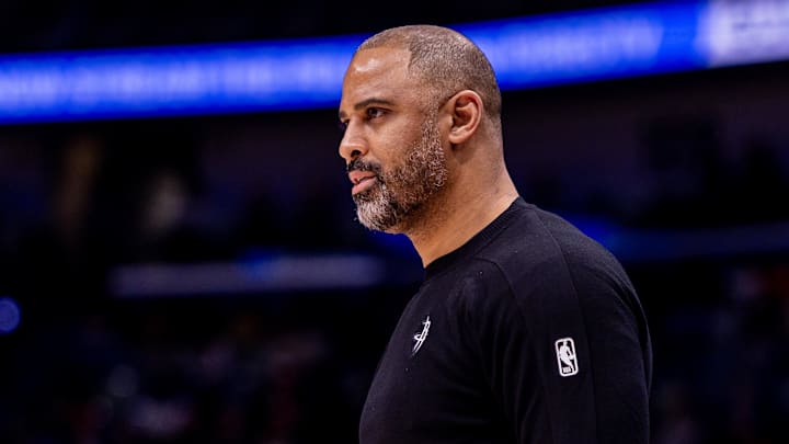 Dec 18, 2025; New Orleans, Louisiana, USA;  Houston Rockets Head Coach Ime Udoka looks on against the New Orleans Pelicans during the first half at Smoothie King Center. Mandatory Credit: Stephen Lew-Imagn Images