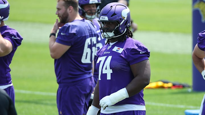 Jun 10, 2025; Minneapolis, MN, USA; Minnesota Vikings guard Donovan Jackson (74) practices during minicamp at the Minnesota Vikings Training Facility. Mandatory Credit: Matt Krohn-Imagn Images