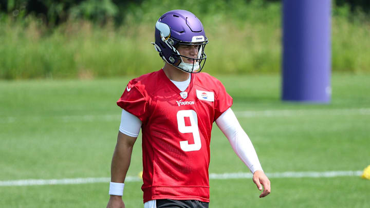 Jun 10, 2025; Minneapolis, MN, USA; Minnesota Vikings quarterback J.J. McCarthy (9) practices during minicamp at the Minnesota Vikings Training Facility. Mandatory Credit: Matt Krohn-Imagn Images
