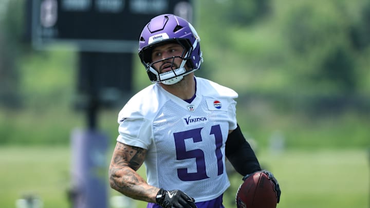 Jun 10, 2025; Minneapolis, MN, USA; Minnesota Vikings linebacker Blake Cashman (51) practices during minicamp at the Minnesota Vikings Training Facility. Mandatory Credit: Matt Krohn-Imagn Images