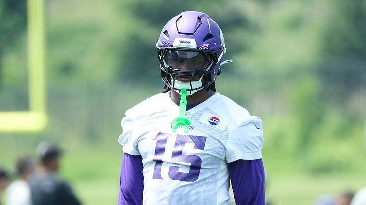 Jun 10, 2025; Minneapolis, MN, USA; Minnesota Vikings linebacker Dallas Turner (15) looks on during minicamp at the Minnesota Vikings Training Facility. Mandatory Credit: Matt Krohn-Imagn Images