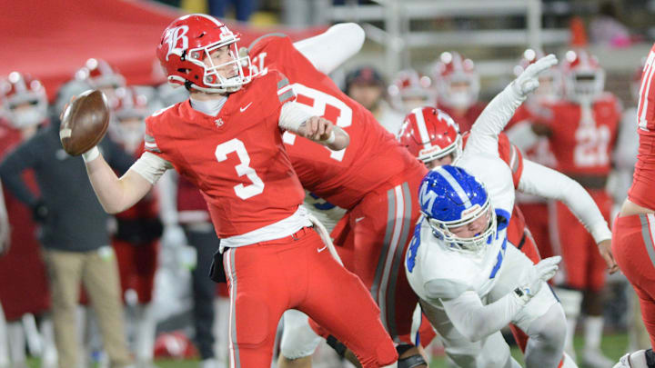 Briggs Cherry launches the ball downfield during the TSSAA DII-AAA football championship game at Finley Stadium, Chattanooga, Tenn., on Thursday, Dec. 5, 2024.