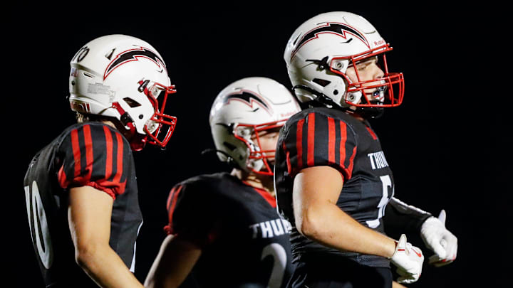 Seymour High School's Jordan Thompson (54) celebrates after making an interception against Winneconne High School on Friday, October 17, 2025, at Seymour High School in Seymour, Wis. Winneconne won the game, 29-12, to finish the regular season undefeated and clinch the outright Bay Conference title.