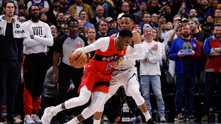 Toronto Raptors guard RJ Barrett (9) against Denver Nuggets guard Russell Westbrook (4) in the fourth quarter at Ball Arena. 