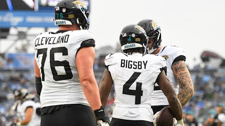 Dec 8, 2024; Nashville, Tennessee, USA;  Jacksonville Jaguars tight end Luke Farrell (89) celebrates the touchdown of running back Tank Bigsby (4) against the Tennessee Titans during the second half at Nissan Stadium. Mandatory Credit: Steve Roberts-Imagn Images