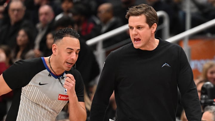 Feb 1, 2026; Toronto, Ontario, CAN;  Utah Jazz head coach Will Hardy speaks to game official Ray Acosta (54) in the second half against the Toronto Raptors at Scotiabank Arena. Mandatory Credit: Dan Hamilton-Imagn Images