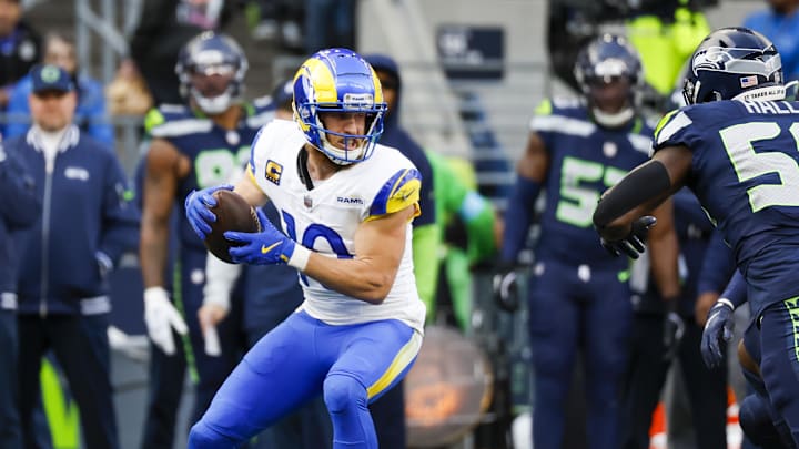 Nov 3, 2024; Seattle, Washington, USA; Los Angeles Rams wide receiver Cooper Kupp (10) catches a pass against the Seattle Seahawks during the first quarter at Lumen Field. Mandatory Credit: Joe Nicholson-Imagn Images
