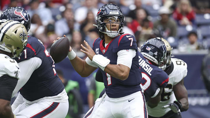 Oct 15, 2023; Houston, Texas, USA; Houston Texans quarterback C.J. Stroud (7) looks for an open