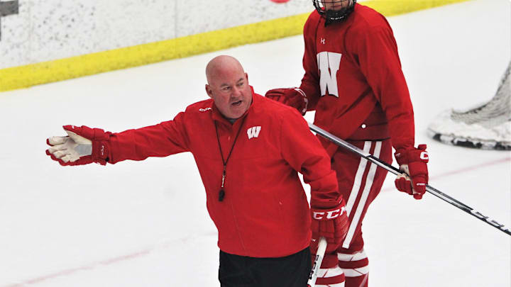 Wisconsin men's hockey coach Mike Hastings guides the team through practice at La Bahn Arena in Madison, Wis. at Tuesday Sept. 26, 2026. Wisconsin men's hockey coach Mike Hastings guides the team through practice at La Bahn Arena in Madison, Wis. at Tuesday Sept. 26, 2026.