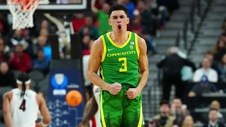 Mar 15, 2024; Las Vegas, NV, USA; Oregon Ducks guard Jackson Shelstad (3) celebrates after making a play against the Arizona Wildcats during the second half at T-Mobile Arena. Mandatory Credit: Stephen R. Sylvanie-Imagn Images