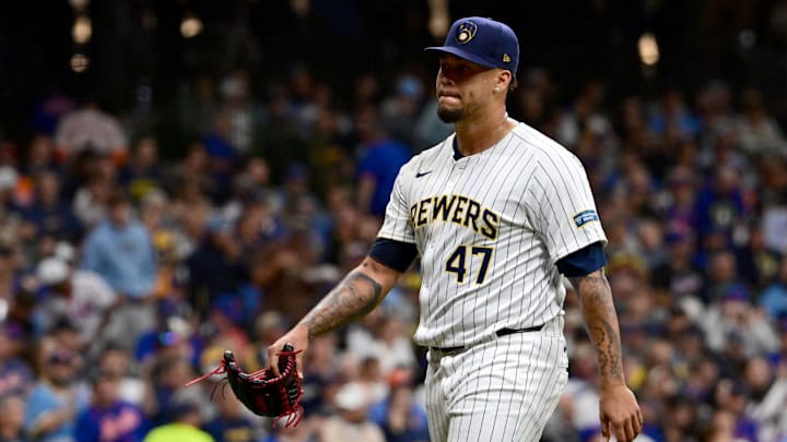 Oct 2, 2024; Milwaukee, Wisconsin, USA; Milwaukee Brewers pitcher Frankie Montas (47) is removed from the game during the fourth inning in game two of the Wildcard round for the 2024 MLB Playoffs against the New York Mets at American Family Field. Mandatory Credit: Benny Sieu-Imagn Images