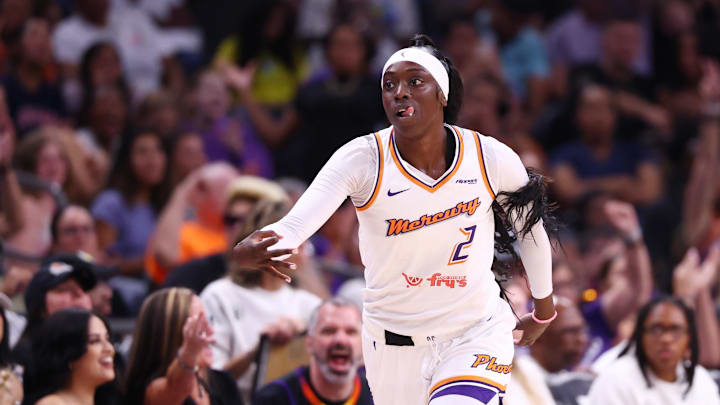 Aug 28, 2025; Phoenix, Arizona, USA; Phoenix Mercury guard Kahleah Copper (2) celebrates a three pointer against the Chicago Sky in the first half at Phx Arena. Mandatory Credit: Mark J. Rebilas-Imagn Images Aug 28, 2025; Phoenix, Arizona, USA; Phoenix Mercury guard Kahleah Copper (2) celebrates a three pointer against the Chicago Sky in the first half at Phx Arena. Mandatory Credit: Mark J. Rebilas-Imagn Images