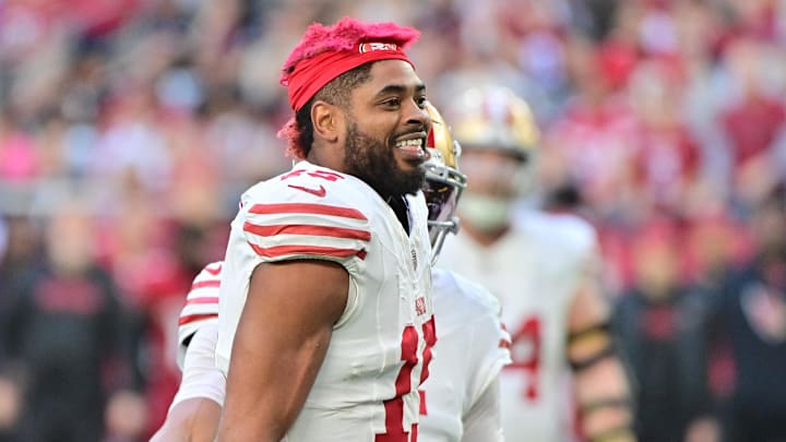 Jan 5, 2025; Glendale, Arizona, USA; San Francisco 49ers wide receiver Jauan Jennings (15) reacts in the first half prior to being ejected from the game against the Arizona Cardinals at State Farm Stadium. Mandatory Credit: Matt Kartozian-Imagn Images Jan 5, 2025; Glendale, Arizona, USA; San Francisco 49ers wide receiver Jauan Jennings (15) reacts in the first half prior to being ejected from the game against the Arizona Cardinals at State Farm Stadium. Mandatory Credit: Matt Kartozian-Imagn Images