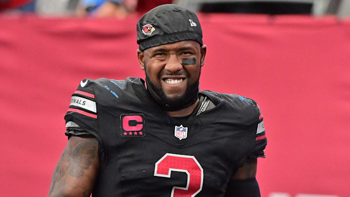 Sep 22, 2024; Glendale, Arizona, USA;  Arizona Cardinals safety Budda Baker (3) reacts in the first half against the Detroit Lions at State Farm Stadium. Mandatory Credit: Matt Kartozian-Imagn Images