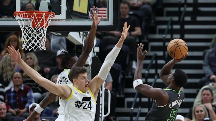 Mar 16, 2024; Salt Lake City, Utah, USA; Minnesota Timberwolves guard Anthony Edwards (5) shoots