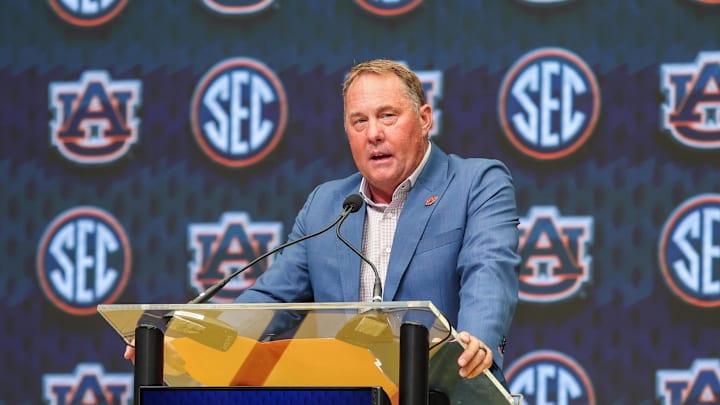 Jul 15, 2025; Atlanta, GA, USA; Auburn Tigers head coach Hugh Freeze talks to the media during SEC Media Days at Omni Atlanta Hotel. Mandatory Credit: Jordan Godfree-Imagn Images