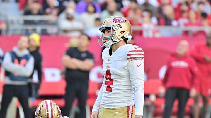 Jan 5, 2025; Glendale, Arizona, USA; San Francisco 49ers place kicker Jake Moody (4) reacts after missing a field goal in the first half against the Arizona Cardinals at State Farm Stadium. Mandatory Credit: Matt Kartozian-Imagn Images