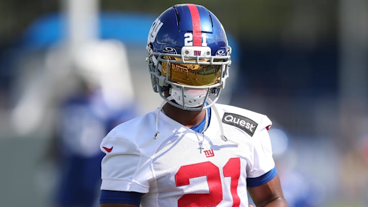 Jul 23, 2025; East Rutherford, NJ, USA; New York Giants cornerback Paulson Adebo (21) on the field during training camp at Quest Diagnostics Training Center. Mandatory Credit: Vincent Carchietta-Imagn Images