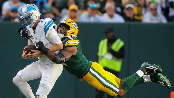 Green Bay Packers defensive end Micah Parsons (1) sacks Detroit Lions quarterback Jared Goff (16) on Sunday, September 7, 2025, at Lambeau Field in Green Bay, Wis. The Packers won the game, 27-13.
Tork Mason/USA TODAY NETWORK-Wisconsin