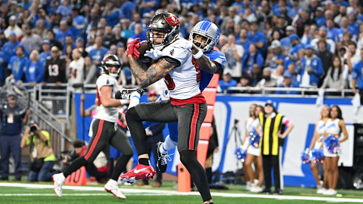 Jan 21, 2024; Detroit, Michigan, USA; Tampa Bay Buccaneers wide receiver Mike Evans (13) makes a catch vs. the Lions. 