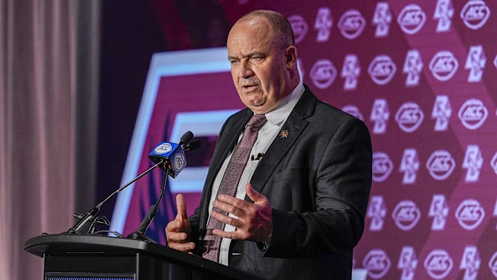 Jul 24, 2024; Charlotte, NC, USA; Boston College Eagles head coach Bill O'Brien speaks to the media during the ACC Kickoff at Hilton Charlotte Uptown. Mandatory Credit: Jim Dedmon-Imagn Images Jul 24, 2024; Charlotte, NC, USA; Boston College Eagles head coach Bill O'Brien speaks to the media during the ACC Kickoff at Hilton Charlotte Uptown. Mandatory Credit: Jim Dedmon-Imagn Images