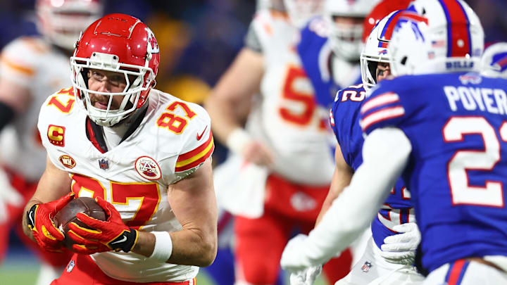Kansas City Chiefs tight end Travis Kelce makes a catch against Buffalo Bills safety Jordan Poyer Kansas City Chiefs tight end Travis Kelce makes a catch against Buffalo Bills safety Jordan Poyer