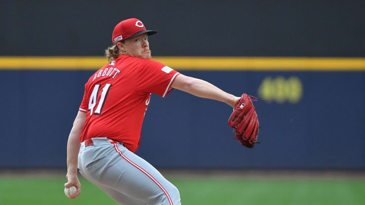 Jun 15, 2024; Milwaukee, Wisconsin, USA; Cincinnati Reds pitcher Andrew Abbott (41) delivers a pitch against the Milwaukee Brewers in the first inning at American Family Field. Mandatory Credit: Michael McLoone-USA TODAY Sports