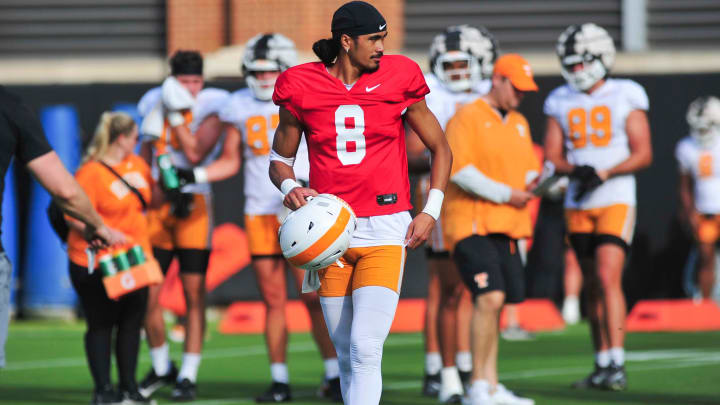 Tennessee's Nico Iamaleava (8) during Tennessee football's fall practice, in Knoxville, Tenn., Saturday, August 3, 2024. Tennessee's Nico Iamaleava (8) during Tennessee football's fall practice, in Knoxville, Tenn., Saturday, August 3, 2024.