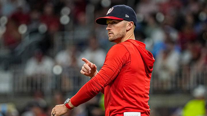 Aug 1, 2026; Cumberland, Georgia, USA; Washington Nationals manager Blake Butera (10) makes a pitching change against the Atlanta Braves during the seventh inning at Truist Park. Mandatory Credit: Dale Zanine-Imagn Images