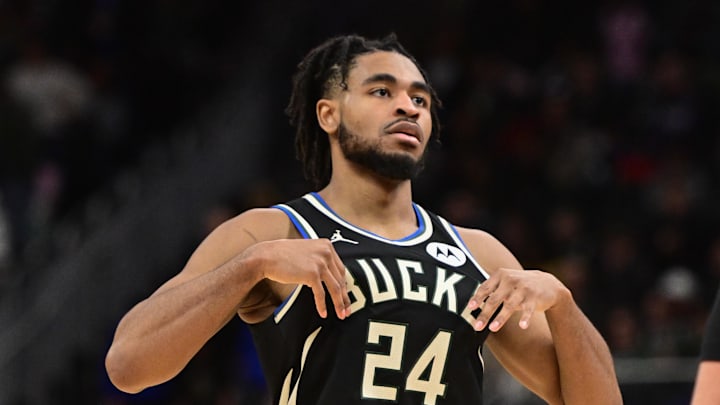Milwaukee Bucks guard Cam Thomas (24) looks on in the fourth quarter against the Toronto Raptors at Fiserv Forum on February 22, 2026. Milwaukee Bucks guard Cam Thomas (24) looks on in the fourth quarter against the Toronto Raptors at Fiserv Forum on February 22, 2026.