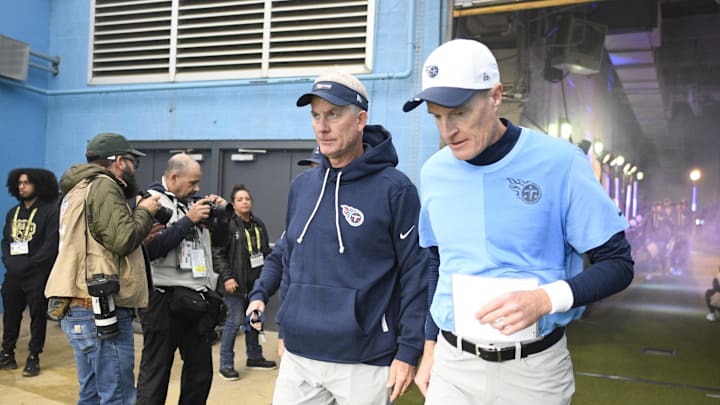 Nov 2, 2025; Nashville, Tennessee, USA; Tennessee Titans head interim coach Mike McCoy takes the field during warm ups prior to the game against the Los Angeles Chargers at Nissan Stadium. Mandatory Credit: Steve Roberts-Imagn Images