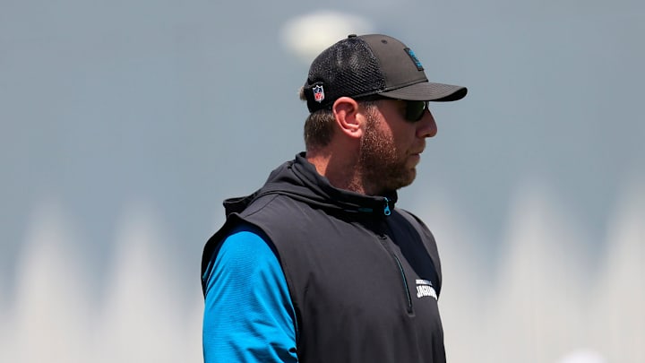 Jacksonville Jaguars head coach Liam Coen looks on during an NFL training camp session at the Miller Electric Center, Friday Aug. 15, 2025 in Jacksonville, Fla. [Corey Perrine/Florida Times-Union]