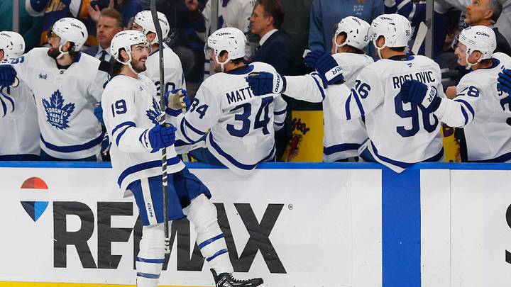 Oct 24, 2026; Edmonton, Alberta, CAN;  The Toronto Maple Leafs celebrate a goal scored by forward Zack MacEwen (19) during the second period against the Edmonton Oilers at Rogers Place.  Mandatory Credit: Perry Nelson-Imagn Images