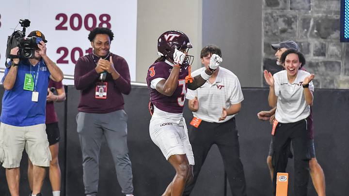 Oct 2, 2026; Blacksburg, Virginia, USA;  Virginia Tech Hokies wide receiver Que'sean Brown (3) celebrates a touchdown during the first quarter against the Pittsburgh Panthers at Lane Stadium.  Mandatory Credit: Brian Bishop-Imagn Images