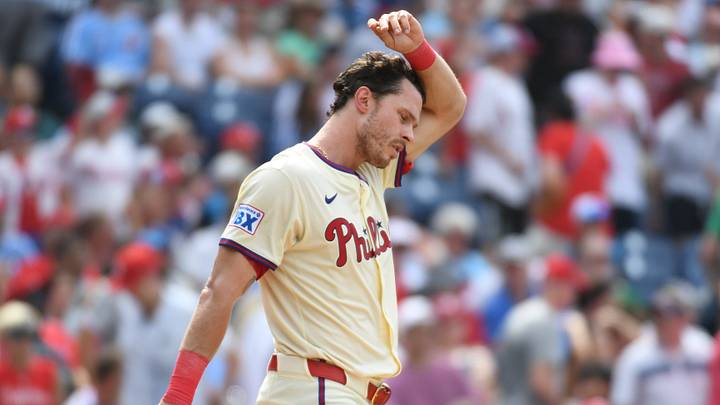 Jul 20, 2025; Philadelphia, Pennsylvania, USA; Philadelphia Phillies outfielder Max Kepler (17) reacts after striking out to end the sixth inning against the Los Angeles Angels at Citizens Bank Park. Mandatory Credit: Eric Hartline-Imagn Images