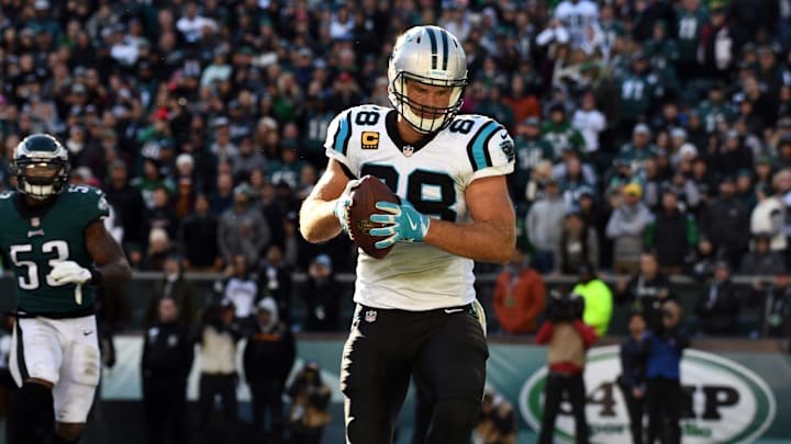 Oct 21, 2018; Philadelphia, PA, USA; Carolina Panthers tight end Greg Olsen scores the go ahead touchdown in the fourth quarter against the Philadelphia Eagles at Lincoln Financial Field. 