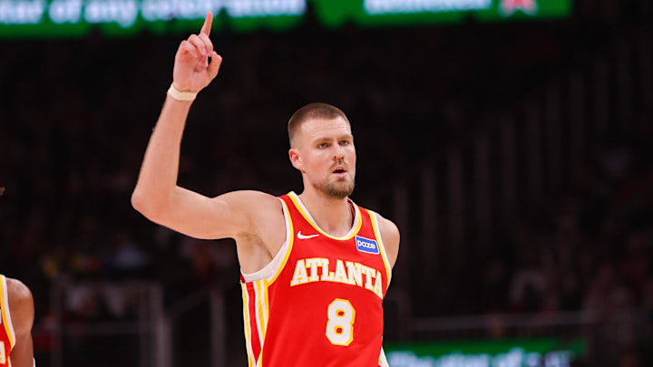 Oct 22, 2025; Atlanta, Georgia, USA; Atlanta Hawks center Kristaps Porzingis (8) reacts after a basket against the Toronto Raptors in the second quarter at State Farm Arena. Mandatory Credit: Brett Davis-Imagn Images Oct 22, 2025; Atlanta, Georgia, USA; Atlanta Hawks center Kristaps Porzingis (8) reacts after a basket against the Toronto Raptors in the second quarter at State Farm Arena. Mandatory Credit: Brett Davis-Imagn Images
