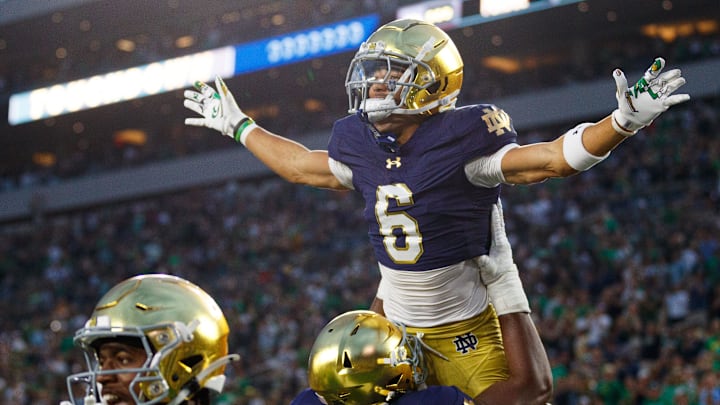 Notre Dame wide receiver Jordan Faison (6) celebrates after scoring a touchdown during the second half of a NCAA football game against Purdue at Notre Dame Stadium on Saturday, Sept. 20, 2025, in South Bend. Notre Dame wide receiver Jordan Faison (6) celebrates after scoring a touchdown during the second half of a NCAA football game against Purdue at Notre Dame Stadium on Saturday, Sept. 20, 2025, in South Bend.