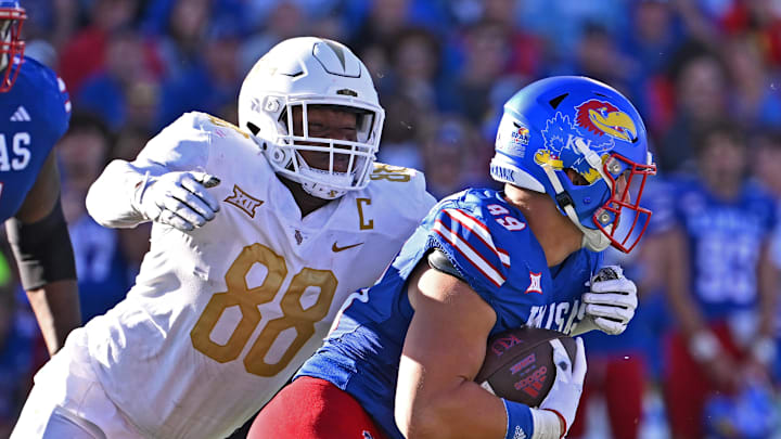 Defensive end Josh Celiscar, shown here against Kansas when he played for UCF, joined the Bulls through the transfer portal