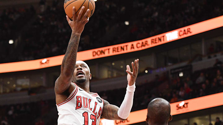 Nov 17, 2024; Chicago, Illinois, USA;  Chicago Bulls forward Torrey Craig (13) drives to the basket against Houston Rockets forward Jeff Green (32)