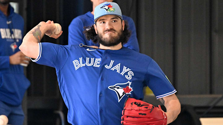 Feb 13, 2026; Dunedin, FL, USA; Toronto Blue Jays pitcher Dylan Cease (84) throws a pitch during spring training at the Bobby Mattick Training Center at Englebert Complex. Mandatory Credit: Jonathan Dyer-Imagn Images