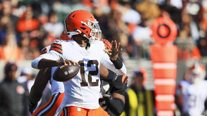 Jan 4, 2026; Cincinnati, Ohio, USA; Cleveland Browns quarterback Shedeur Sanders (12) passes against the Cincinnati Bengals during the first quarter at Paycor Stadium. Mandatory Credit: Katie Stratman-Imagn Images