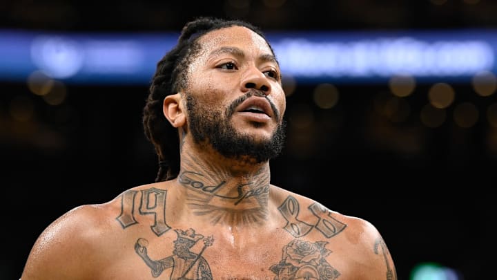 Memphis Grizzlies guard Derrick Rose (23) warms up before a game against the Boston Celtics at TD Garden. Mandatory Credit: Eric Canha-Imagn Images