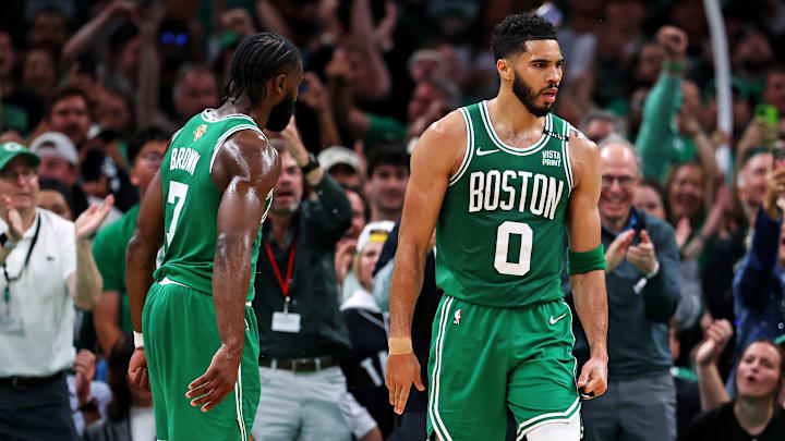 Jun 17, 2024; Boston, Massachusetts, USA; Boston Celtics forward Jayson Tatum (0) celebrates with guard Jaylen Brown (7) after a play against the Dallas Mavericks in game five of the 2024 NBA Finals at TD Garden. Mandatory Credit: Peter Casey-Imagn Images Jun 17, 2024; Boston, Massachusetts, USA; Boston Celtics forward Jayson Tatum (0) celebrates with guard Jaylen Brown (7) after a play against the Dallas Mavericks in game five of the 2024 NBA Finals at TD Garden. Mandatory Credit: Peter Casey-Imagn Images