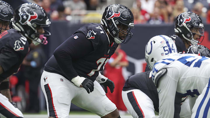 Oct 27, 2024; Houston, Texas, USA; Houston Texans offensive tackle Tytus Howard (71) in action during the game against the Indianapolis Colts at NRG Stadium. Mandatory Credit: Troy Taormina-Imagn Images Oct 27, 2024; Houston, Texas, USA; Houston Texans offensive tackle Tytus Howard (71) in action during the game against the Indianapolis Colts at NRG Stadium. Mandatory Credit: Troy Taormina-Imagn Images