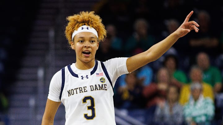 Notre Dame guard Hannah Hidalgo calls out to her teammates during an exhibition game against Davenport on Wednesday, Oct. 30, 2024, at Purcell Pavilion in South Bend. Notre Dame won 101-41.