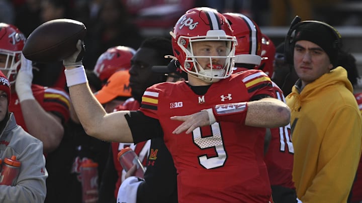Nov 23, 2024; College Park, Maryland, USA;  Maryland Terrapins quarterback Billy Edwards Jr. (9) throws during the first half against the Iowa Hawkeyes at SECU Stadium. Mandatory Credit: Tommy Gilligan-Imagn Images
