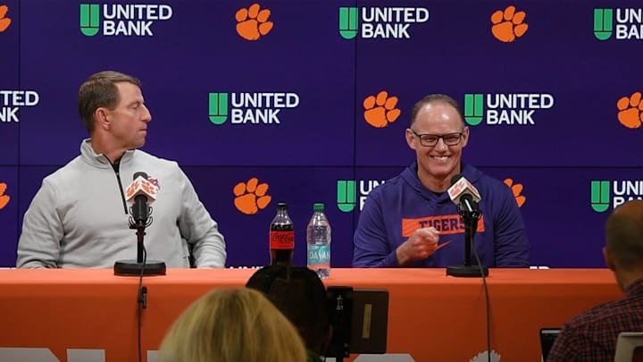 Clemson football head coach Dabo Swinney, left, and newly hired football defensive coordinator Tom Allen, formerly at Penn State University, speak with media in the Smart Family Media Center at Clemson University in Clemson, S.C. Wednesday, January 15, 2024.